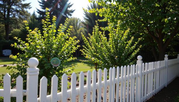 wooden fence surrounding garden with young trees, sunlight filtering through foliage, soft shadows enhancing peaceful scene fully. photo