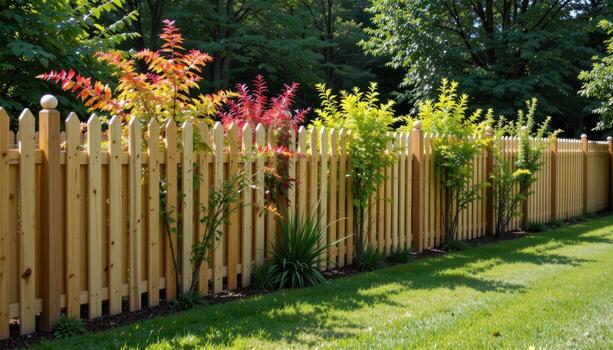 wooden garden fence enclosing row of vibrant trees, sunlight casting soft highlights, shadows falling gently on lawn fully visible. photo
