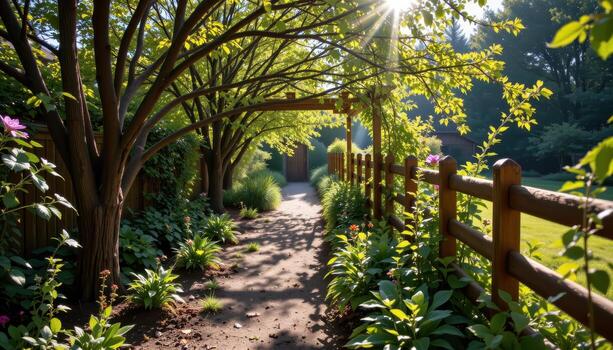 garden with wooden fence and planted trees along path, morning light filtering through leaves, shadows creating calm serene scene fully. photo