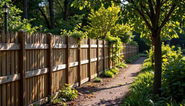 wooden fence lined with planted trees along garden path, morning sunlight highlighting foliage, shadows creating serene calm scene. photo