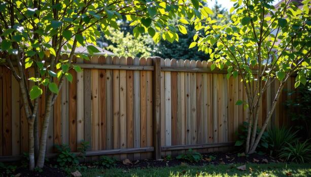 rustic fence in backyard with planted trees, sunlight highlighting green leaves, shadows creating calm tranquil natural outdoor scene fully. photo