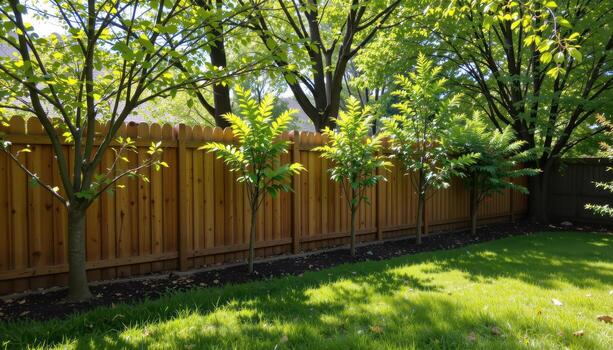 backyard wooden fence lined with small trees, sunlight streaming through leaves, shadows falling gently on green grass fully visible. photo