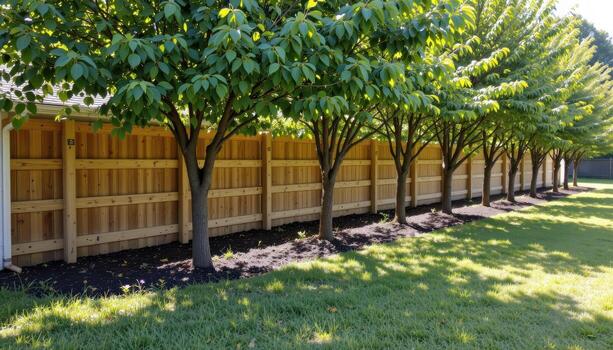 wooden fence surrounding row of planted trees, morning sunlight highlighting leaves, shadows falling softly on lawn creating serene scene. photo