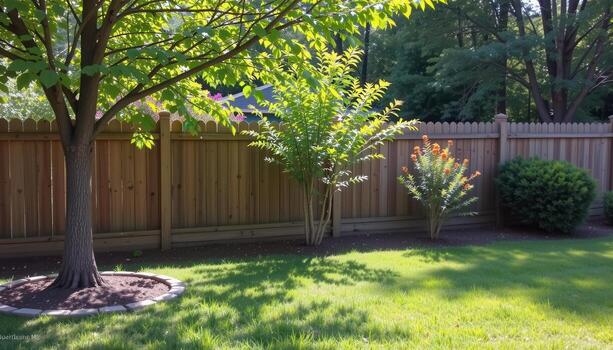 garden with wooden fence and small trees, sunlight highlighting foliage, shadows falling gently on grass creating serene calm scene fully. photo