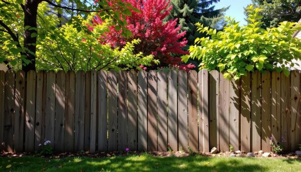 rustic garden fence with vibrant trees, sunlight highlighting foliage, shadows creating calm tranquil backyard space fully visible. photo