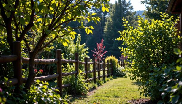 garden with rustic wooden fence and small trees, sunlight streaming through foliage, shadows creating peaceful calm natural scene fully. photo