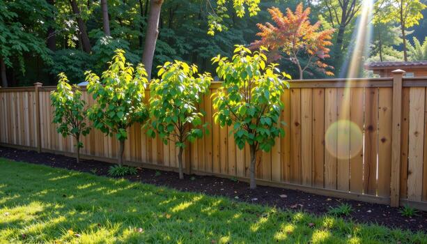 wooden garden fence enclosing row of small trees, morning sunlight illuminating leaves, shadows falling gently creating peaceful calm scene. photo