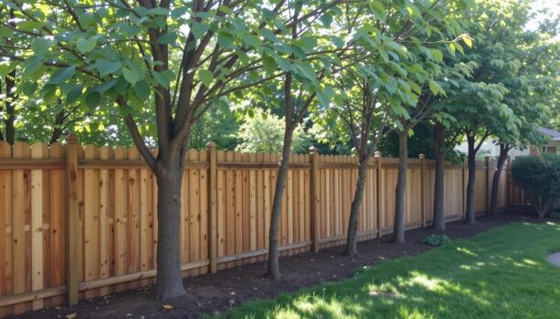 backyard wooden fence enclosing row of young trees, sunlight filtering through foliage, shadows casting calm tranquil atmosphere fully. photo