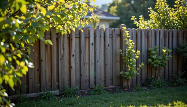 rustic fence in garden with small trees, sunlight illuminating leaves, shadows creating calm tranquil backyard scene fully captured. photo