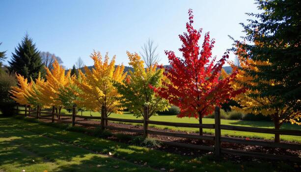 wooden fence enclosing row of vibrant trees, morning sunlight illuminating foliage, shadows falling gently creating calm serene scene fully. photo