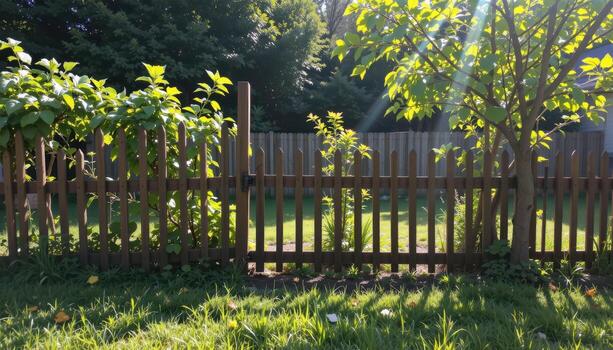 rustic fence in garden with planted trees, sunlight illuminating foliage, shadows falling gently creating serene peaceful mood fully visible. photo