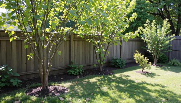 backyard garden with wooden fence and young trees, sunlight highlighting foliage, shadows falling softly creating serene calm scene fully. photo