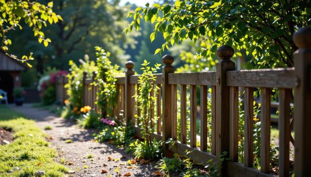 rustic garden fence with small trees along path, sunlight filtering through foliage, shadows creating peaceful calm natural scene fully. photo
