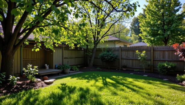backyard garden with wooden fence and trees, sunlight streaming through leaves, shadows creating tranquil green mood. photo