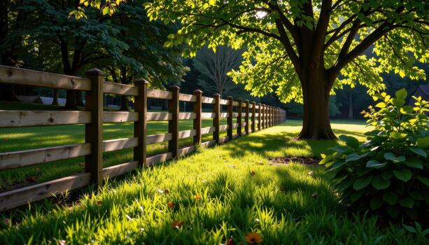 wooden fence lined with garden trees, sunlight filtering through leaves, shadows falling on lush green grass fully. photo