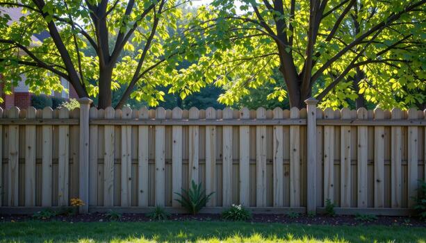 wooden fence enclosing row of garden trees, sunlight illuminating leaves, shadows creating calm peaceful atmosphere fully. photo