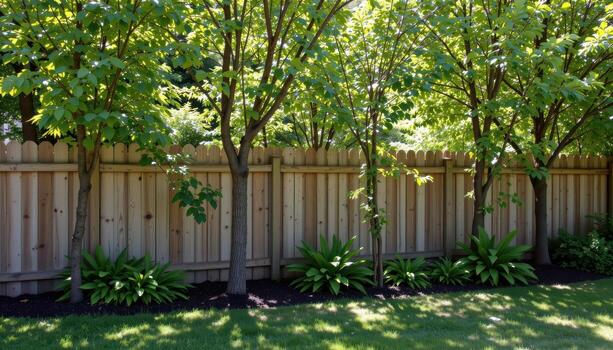 wooden garden fence enclosing row of trees, sunlight highlighting foliage, shadows casting tranquil and serene backyard mood. photo