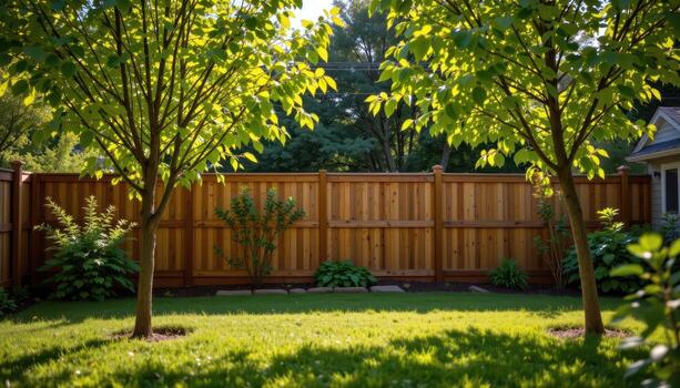 backyard with wooden fence and planted trees, morning sunlight illuminating leaves, soft shadows creating calm green scene fully. photo