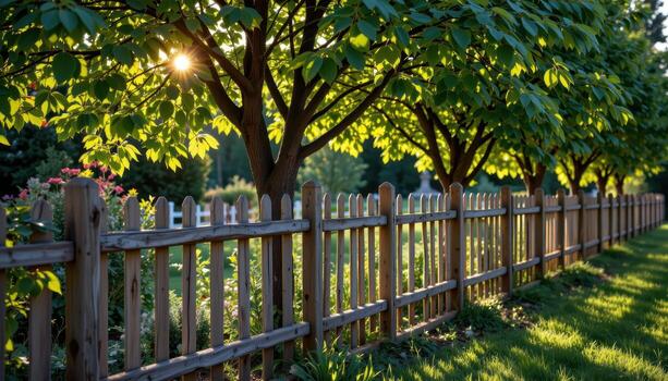 rustic wooden fence enclosing row of garden trees, morning sunlight streaming through leaves, shadows creating calm serene scene. photo
