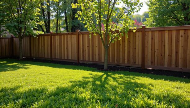 wooden fence with garden trees planted alongside, sunlight filtering softly, shadows falling on lawn creating peaceful calm mood. photo