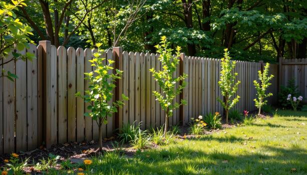 rustic garden fence with young trees planted along, sunlight streaming through foliage, shadows creating calm peaceful backyard fully. photo