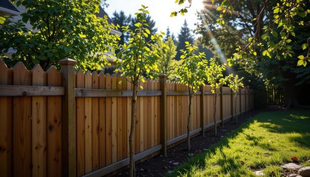 wooden fence along garden lined with young trees, sunlight filtering through branches, shadows creating peaceful calm mood fully. photo