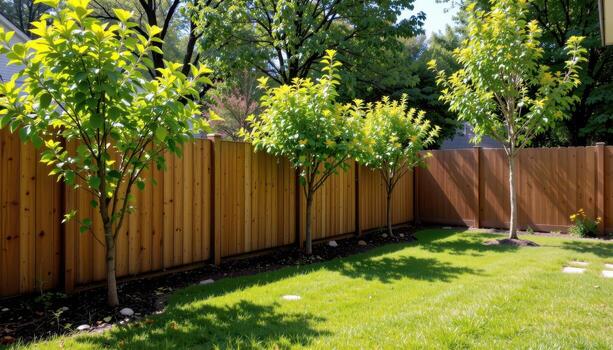 backyard wooden fence with planted trees, sunlight illuminating foliage, shadows falling softly on grass creating calm serene mood. photo
