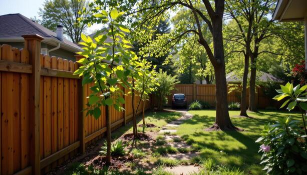 backyard wooden fence with planted trees along path, sunlight filtering through leaves, shadows creating peaceful calm scene fully. photo