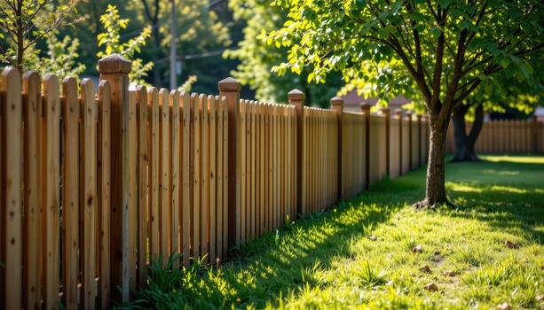 wooden fence along garden with planted trees, sunlight illuminating leaves, shadows falling gently on grass creating serene mood. photo