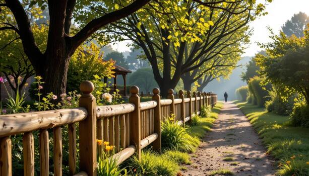 wooden garden fence along path with rows of trees, morning sunlight highlighting leaves, shadows casting tranquil mood fully visible. photo