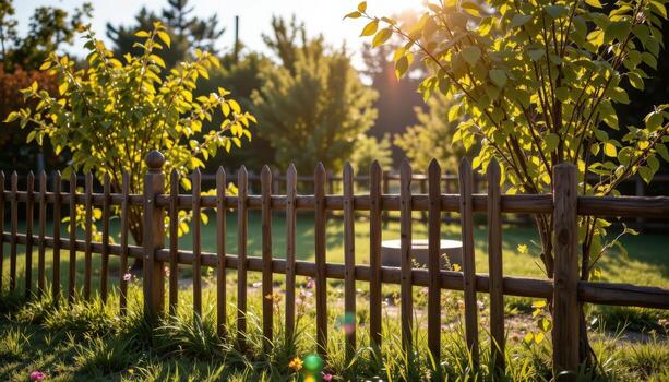rustic fence in garden with planted trees, sunlight illuminating foliage, shadows creating serene calm outdoor scene fully captured. photo