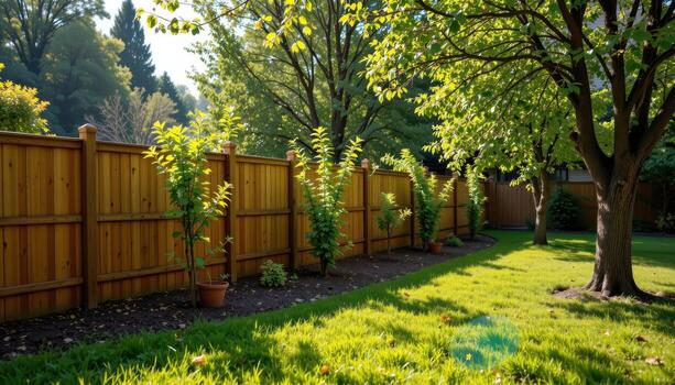 garden with wooden fence and rows of planted trees, sunlight filtering softly, shadows falling gently on green grass fully visible. photo