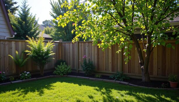 backyard with wooden fence and planted trees, sunlight filtering through branches, shadows creating calm peaceful green scene fully. photo