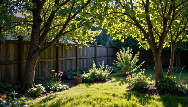 garden with rustic wooden fence and planted trees, sunlight streaming through branches, shadows falling gently creating peaceful mood. photo