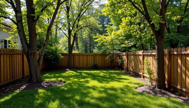 backyard wooden fence enclosing rows of trees, sunlight filtering through foliage, shadows casting calm tranquil green space fully. photo