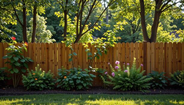 wooden garden fence enclosing rows of trees, morning sunlight highlighting foliage, shadows creating calm serene backyard scene fully. photo