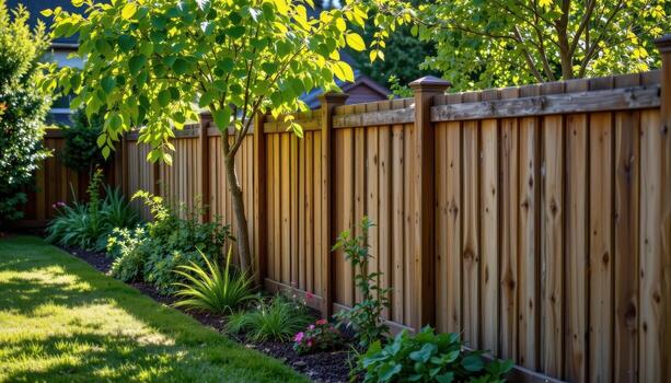 rustic fence along garden with rows of planted trees, sunlight illuminating leaves, shadows creating serene calm backyard atmosphere. photo