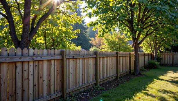 wooden fence lined with garden trees, morning sunlight illuminating foliage, shadows falling softly creating serene backyard atmosphere. photo