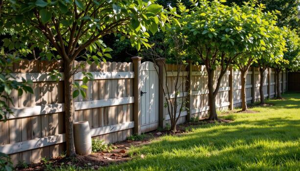 rustic fence with planted trees in garden, sunlight highlighting foliage, shadows falling softly on green grass creating calm mood fully. photo