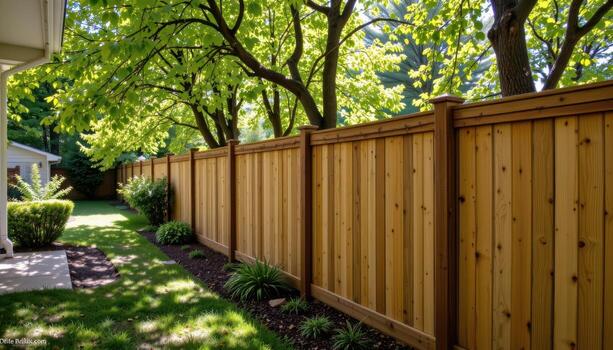 backyard wooden fence along garden path with trees, sunlight highlighting leaves, shadows falling gently creating calm mood fully. photo
