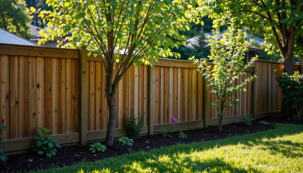 backyard wooden fence with planted trees, sunlight highlighting leaves, shadows falling softly creating calm serene garden scene fully. photo