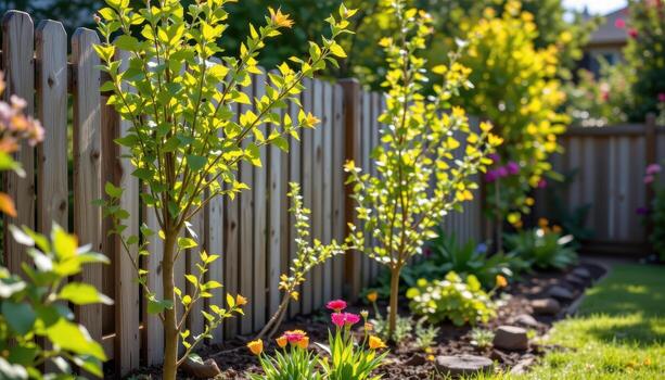 rustic fence lining garden with young planted trees, sunlight illuminating leaves, shadows creating serene calm backyard mood fully. photo