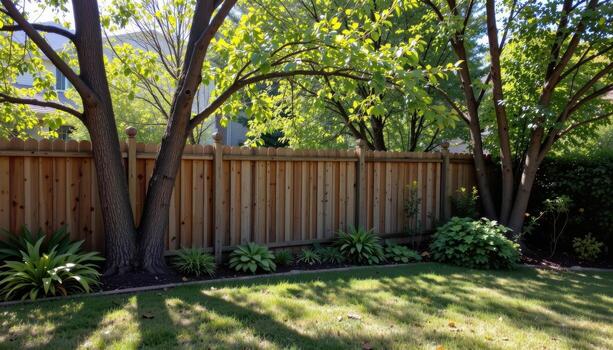 rustic wooden fence enclosing garden trees, sunlight illuminating foliage, shadows falling gently creating calm peaceful backyard fully. photo