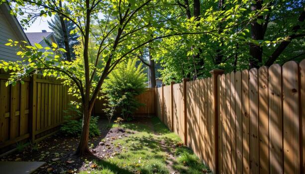 backyard wooden fence with young trees along path, sunlight filtering through foliage, shadows creating calm peaceful scene fully visible. photo