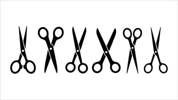 Row of Black Silhouette Scissors Icons of Various Sizes and Styles on White Background collection vector
