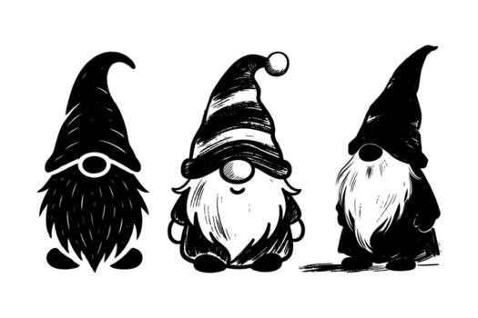 Three adorable gnomes with beards and tall hats in a hand-drawn ink sketch style on a white background, concept of fantasy characters vector