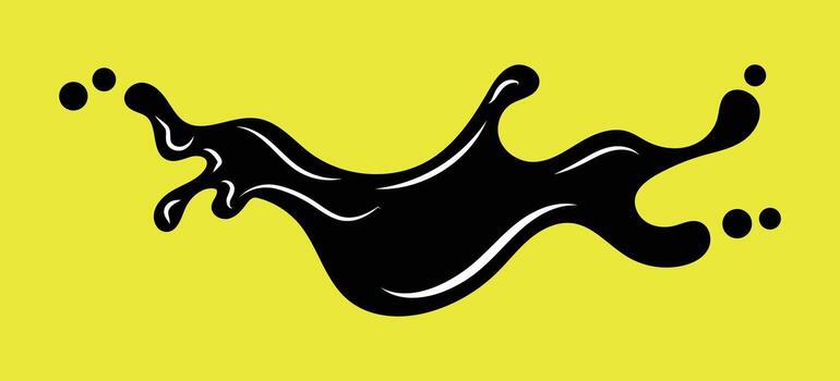Black liquid splash with droplets against a bright yellow background Keywords splash, liquid, black, water, drop, fluid, wet, motion, dynamic, abstract, design, element, shape, form vector
