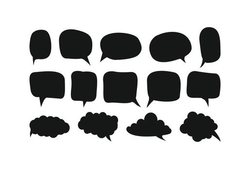 A set of fifteen diverse hand-drawn speech and thought bubbles in a bold black silhouette on a white background. Includes various shapes and sizes, ideal for comics, communication, and dialogue themes vector