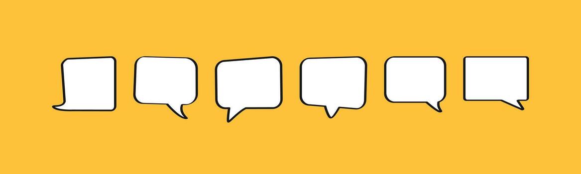 Hand-drawn square speech bubbles with various tails. This set has a doodle or sketch style, ideal for comics, dialogue, and presentations. Perfect for adding a fun, artistic touch to your work vector