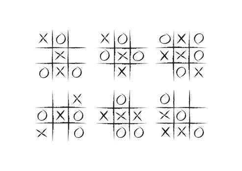 Hand-drawn of six different tic-tac-toe games with various outcomes. The grunge, doodle style features X and O marks and grids created with thick, rough lines, giving it a playful, sketchy, retro feel vector